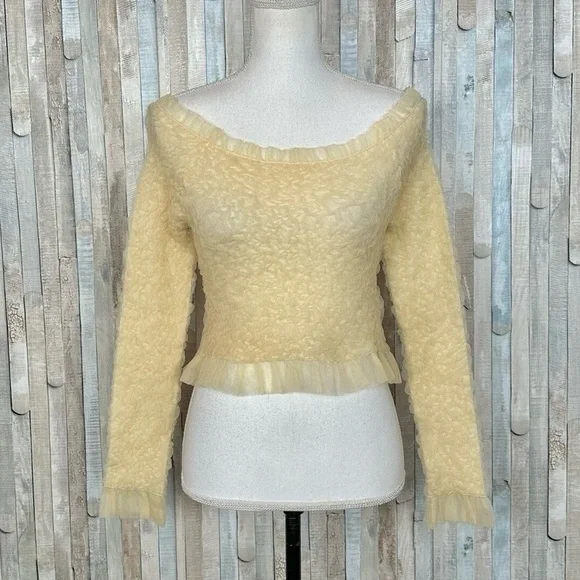 Zara NWT light yellow off shoulder long sleeve textured mesh ruffle trim top - Picture 10 of 10